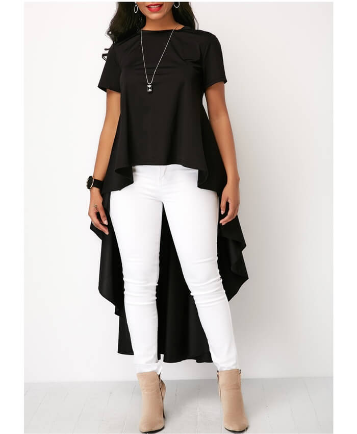 Round Neck Short Sleeve Black High Low Blouse